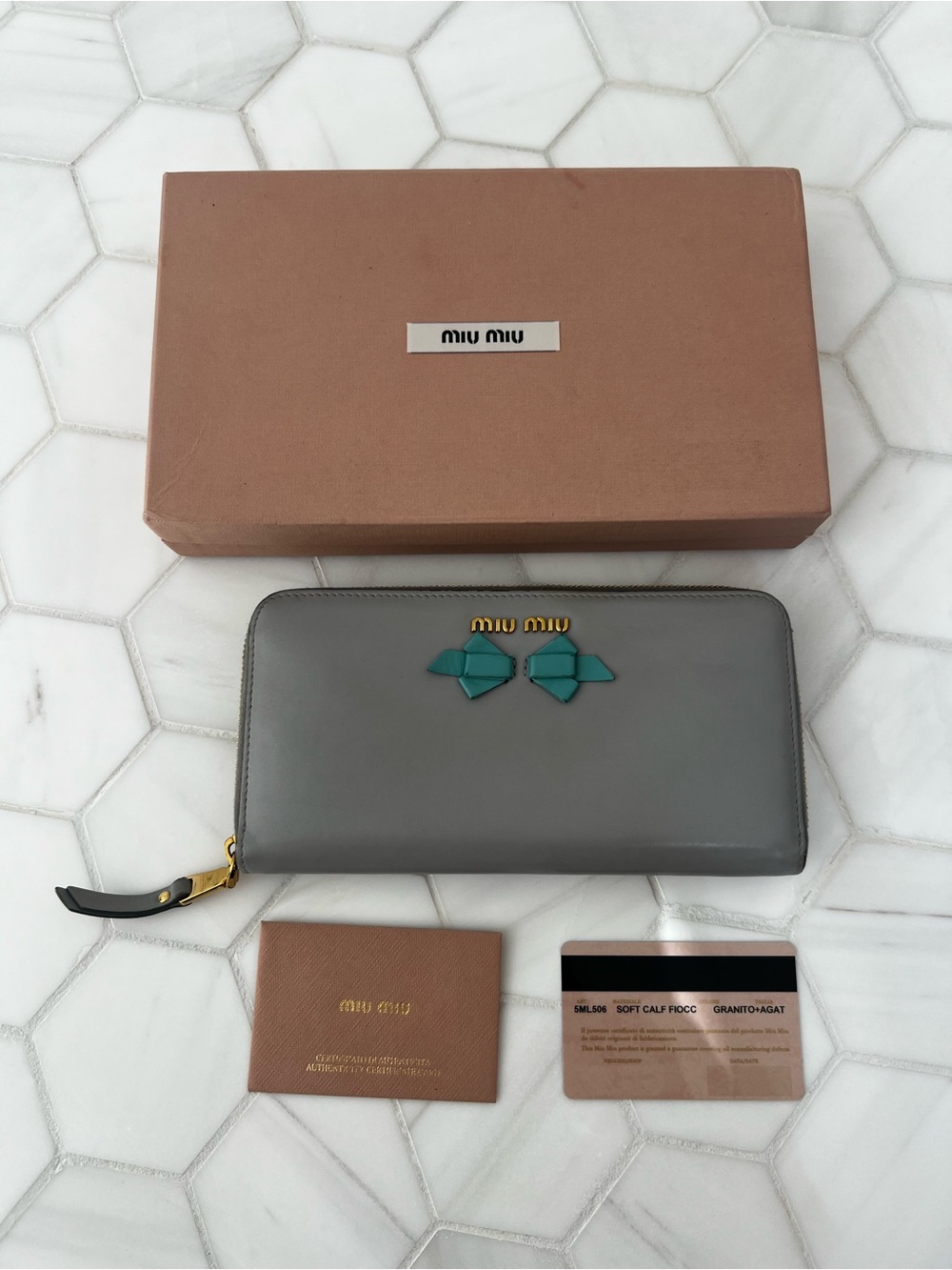 Beautiful Miu Miu Gray Leather Zip Wallet with Teal Bow Detail